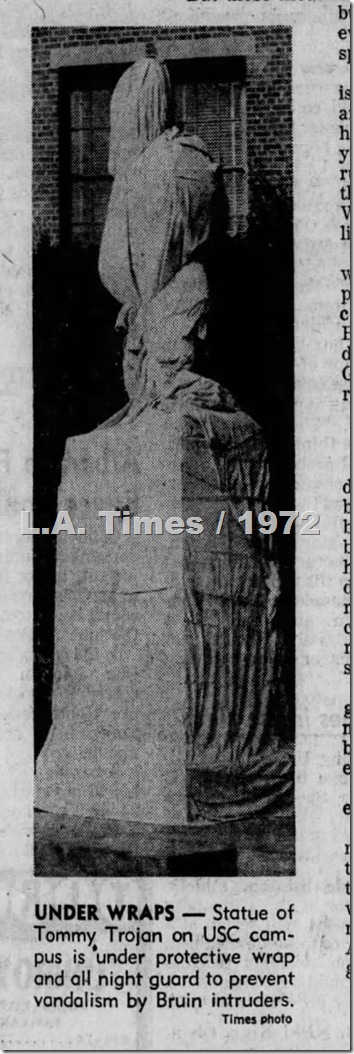 Los Angeles Times, November 16, 1972. Tommy Trojan wrapped to protect it from UCLA fans