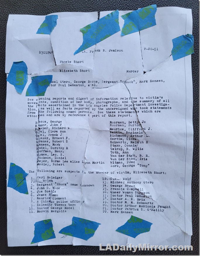 Memo listing suspects in the Black Dahlia case. Ripped up and taped together. 