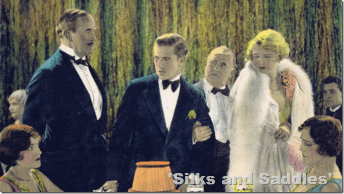 'Silks and Saddles,' men in tuxedos standing at a table next to a woman in a fur wrap. 'Silks and Saddles,' men in tuxedos standing at a table next to a woman in a fur wrap.