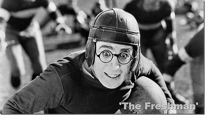 Harold Lloyd in 'The Freshman,' wearing a leather football helmet. 