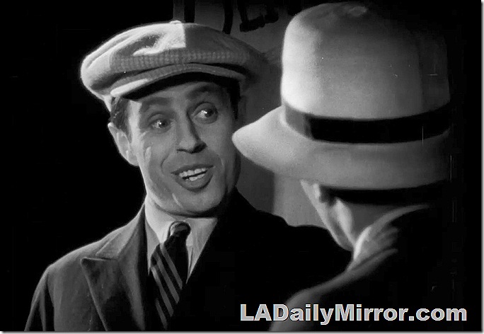 Man in coat, tie and newsboy cap talking to Back of the Head Guy. Man in coat, tie and newsboy cap talking to Back of the Head Guy.