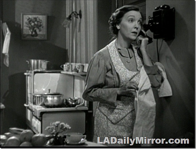 Woman wearing apron, talking on the phone. A stove is in the background. 