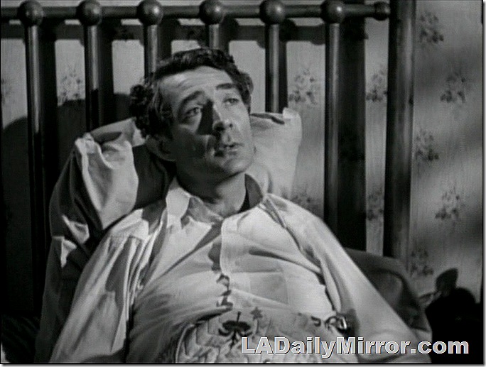 Sick man lying in old-fashioned bed. 