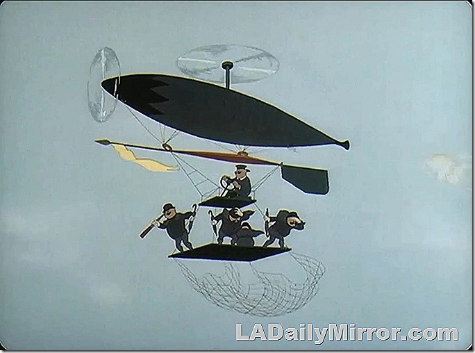 Airship carrying men with umbrellas. 