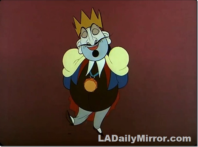 Cartoon king with thin mustache. His eyes are closed and he has a satisfied look. 