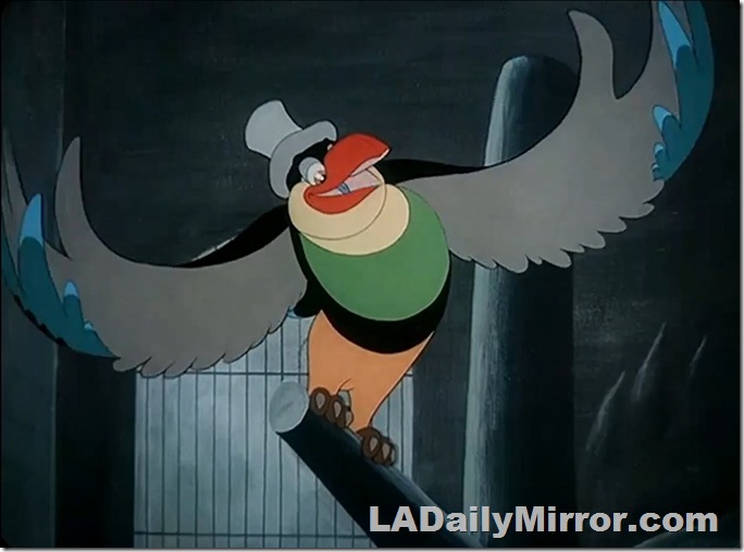 Cartoon bird wearing a top hat. It's wings are spread like arms. 