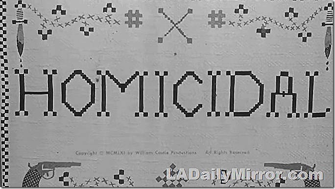 Main Title in the style of a needlepoint sampler, reading Homicidal, decorated with guns and bloody knives. 