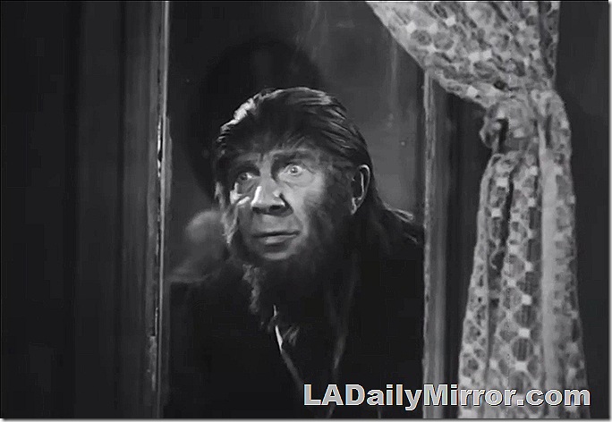 An actor in heavy makeup peers through a doorway